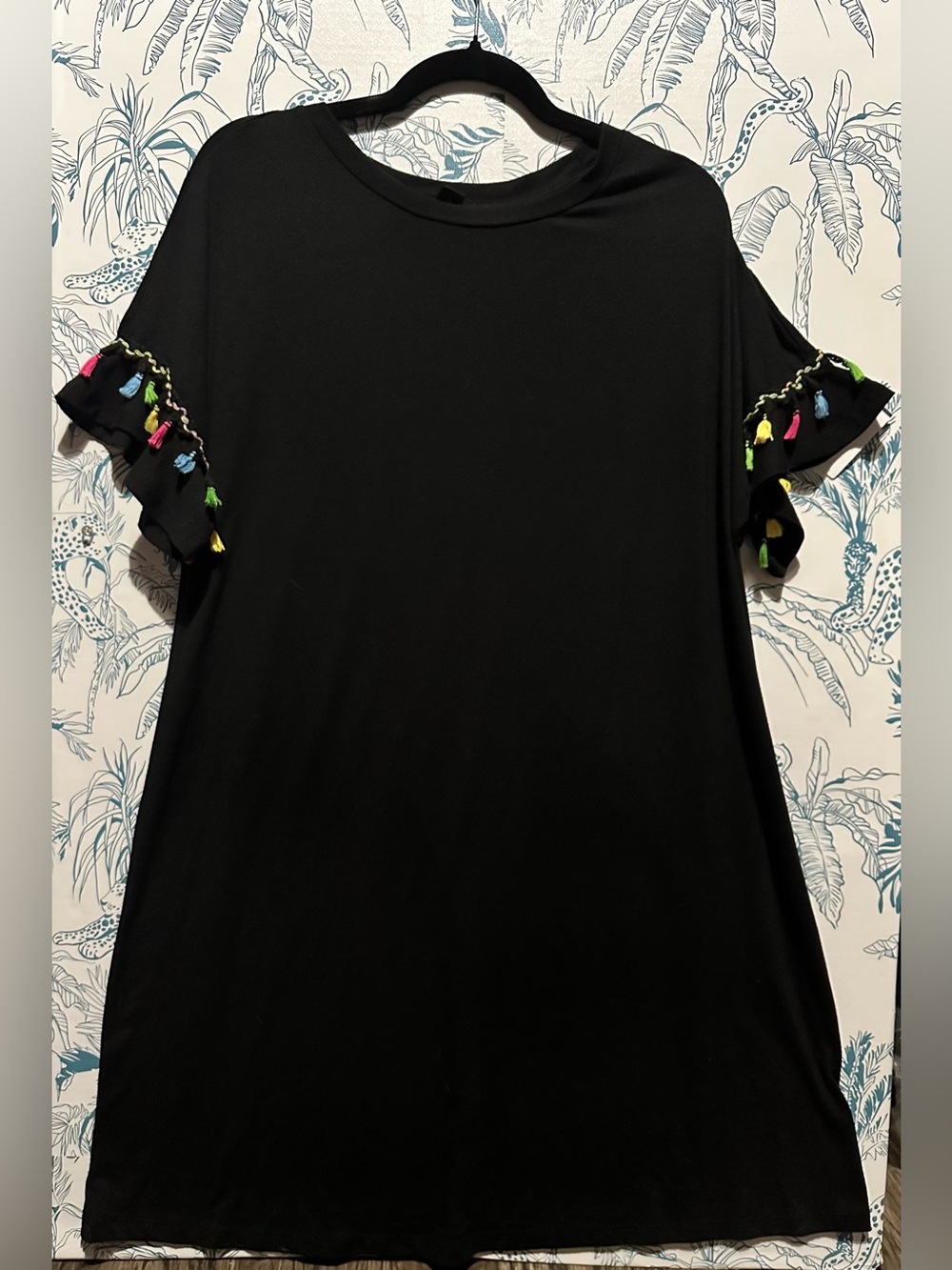 Emory Rose Black Short Sleeve Tunic with Multicolor Tassel Trim